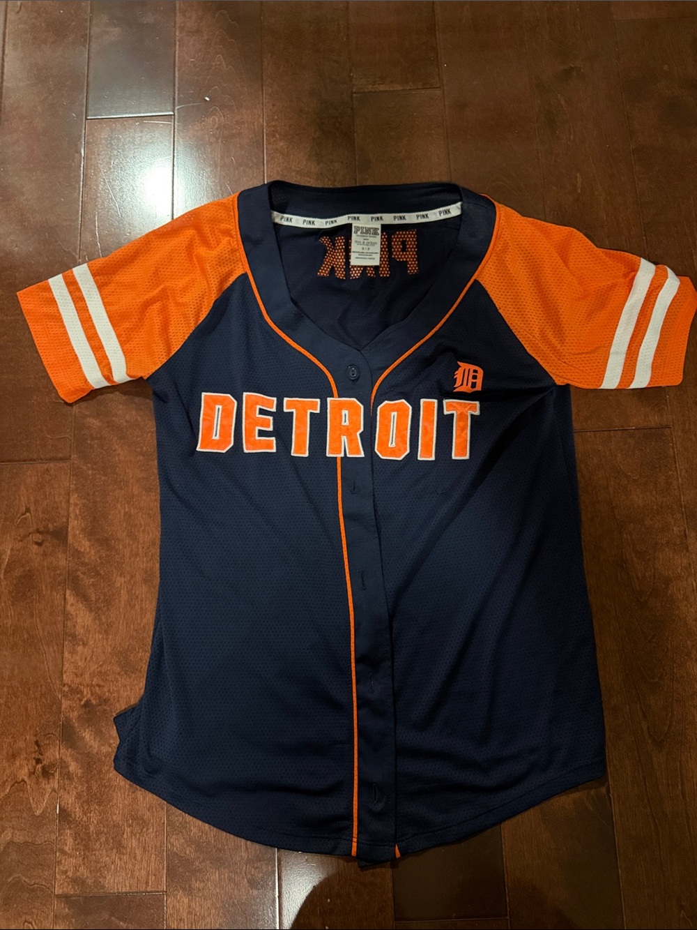 PINK Victoria's Secret Navy and Orange 'Detroit' Tigers Baseball Jersey Top